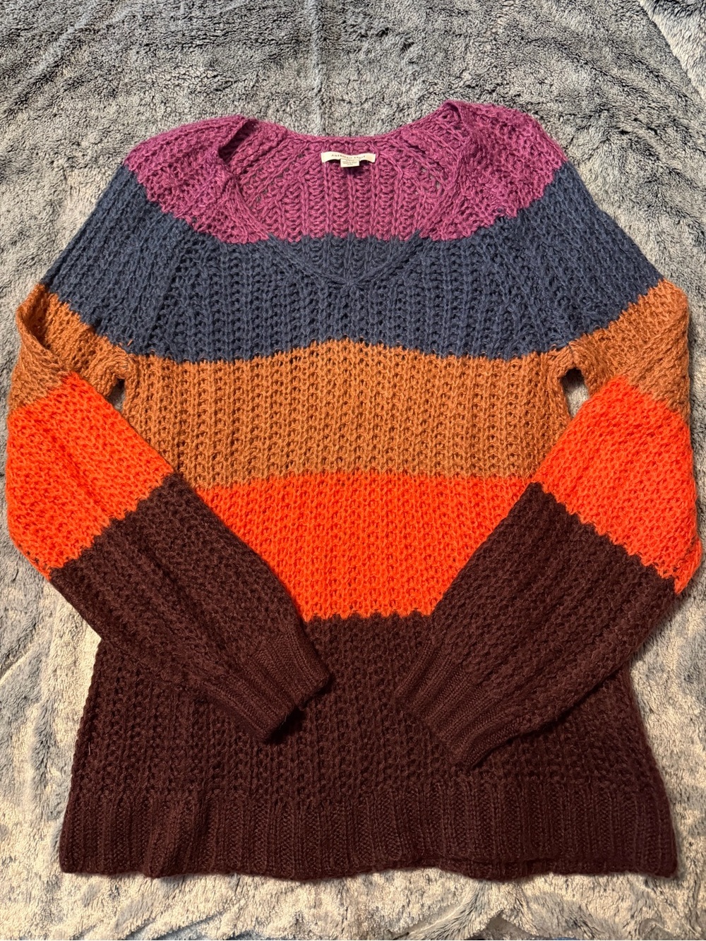 Striped American Eagle V‑Neck Women’s Sweater in Purple, Blue, Brown, Orange